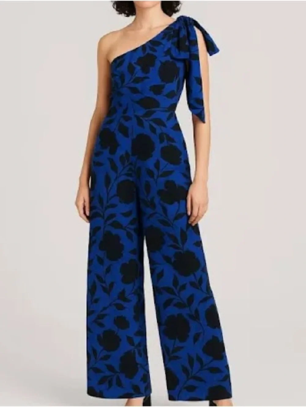 kate spade One-Shoulder Royal Blue and Black Floral Jumpsuit